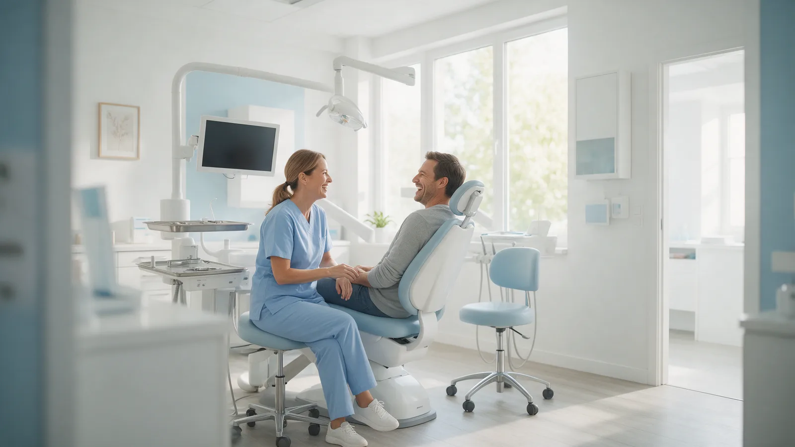 A dentist chatting with a relaxed patient in a bright treatment room