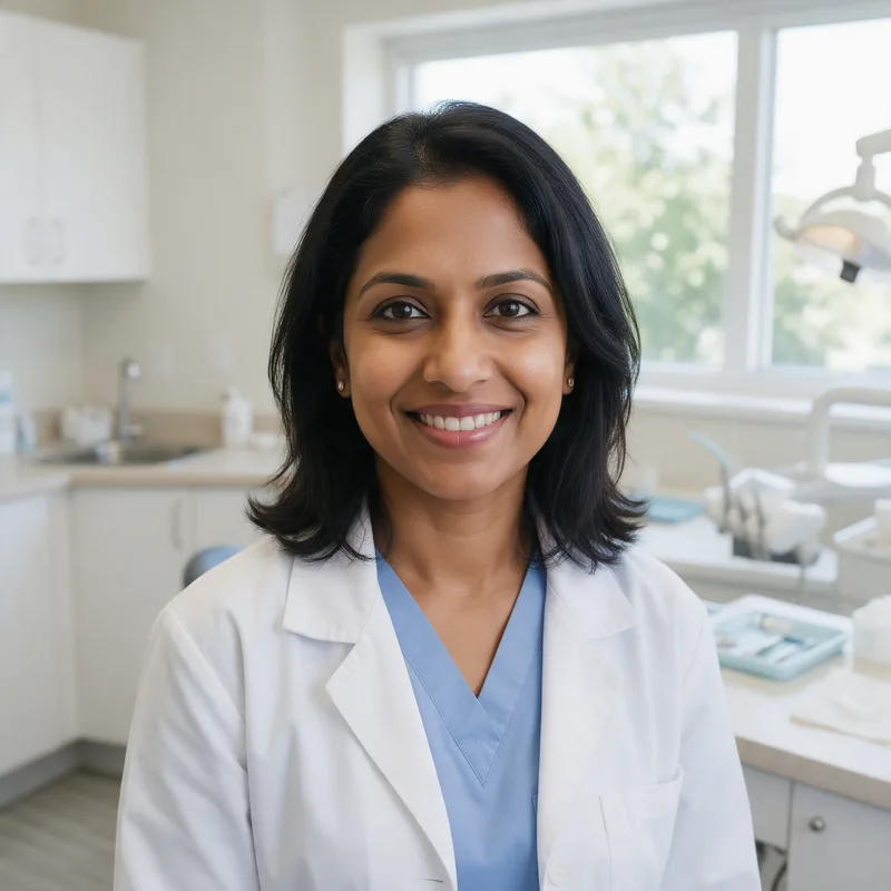 Dr. Maya Fernandes, smiling, in a white coat