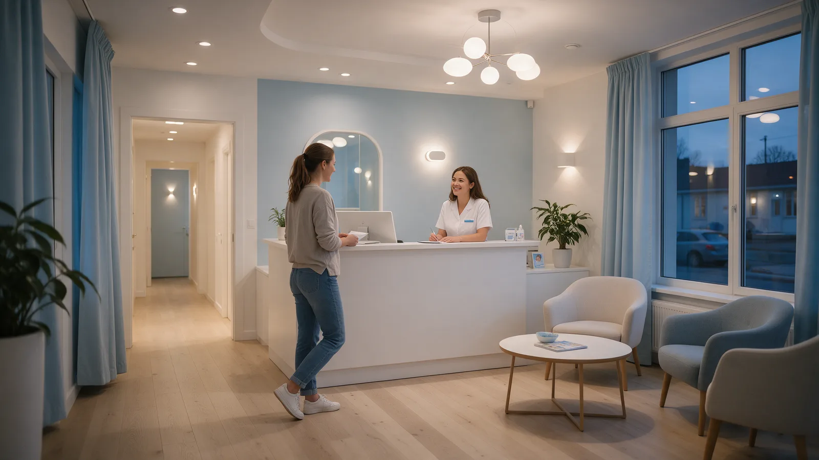 A patient checking in at the front desk in the evening